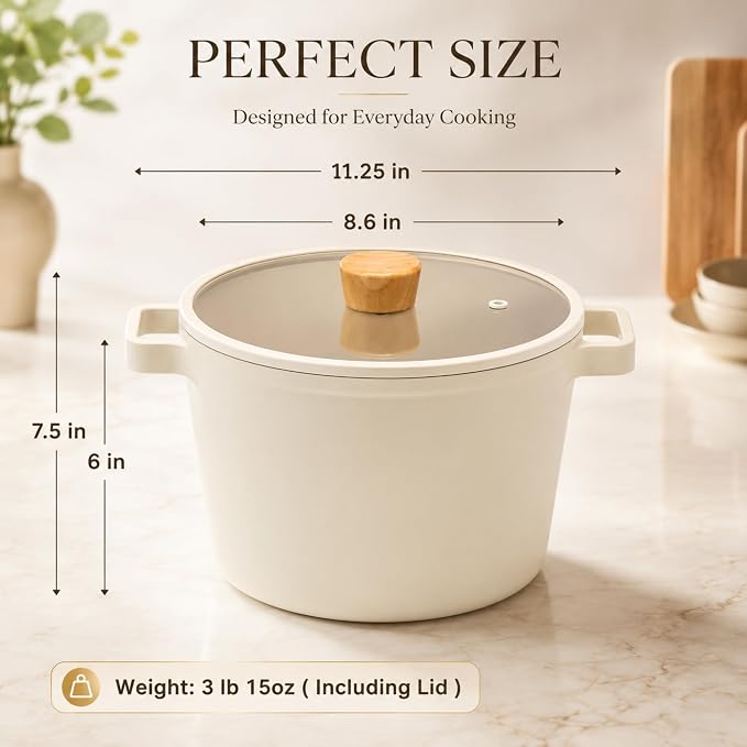 Fika NEOFLAM FIKA Deep Stock Pot for Stovetops and Induction | Glass Lid with Wood Knob | Made in Korea (8.7in / 4.9qt)