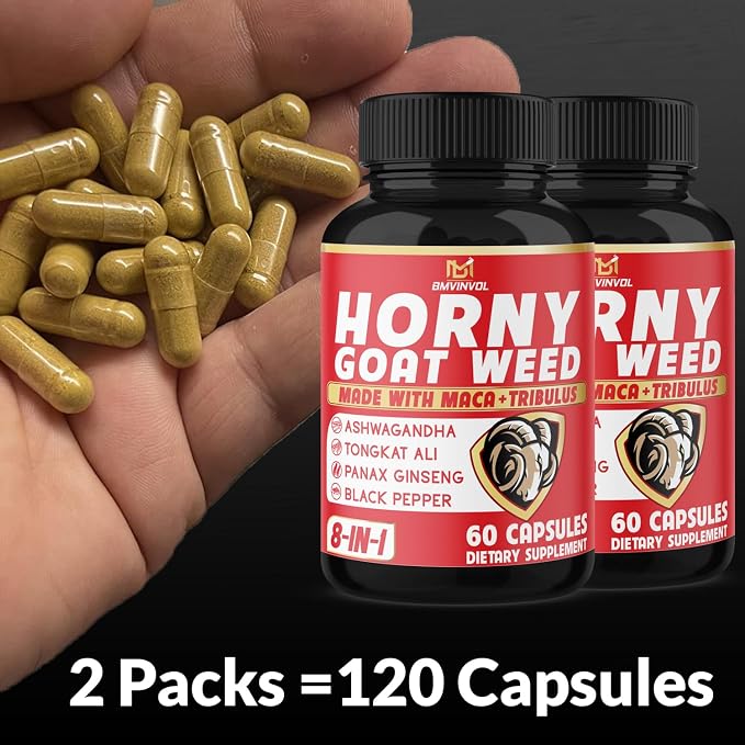 BMVINVOL (2 Packs) Horny Goat Weed Capsules with Maca, Tribulus, Ginseng. Ashwagandha,Tongkat Ali - 8-in-1 for Support Energy Levels