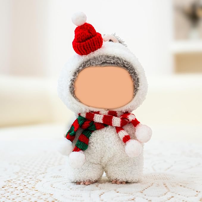 Clothes for Labubu Doll,6.7 Inch Doll Clothing Set - 4 Pieces of Handmade Clothes and Accessories for 17cm Plush Toys - Santa Hat Head Cover + Snowman Clothes + Red Striped Scarf + Green Striped Scarf