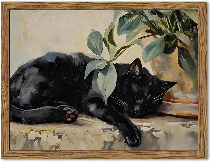 Framed Black Cat Canvas Wall Art, Vintage Sleeping Cat with Plant Picture Wall Decor Paintings, Cute Animal Poster Prints Rustic Aesthetic Home Decor for Living room Bedroom Bathroom 16x24 inch