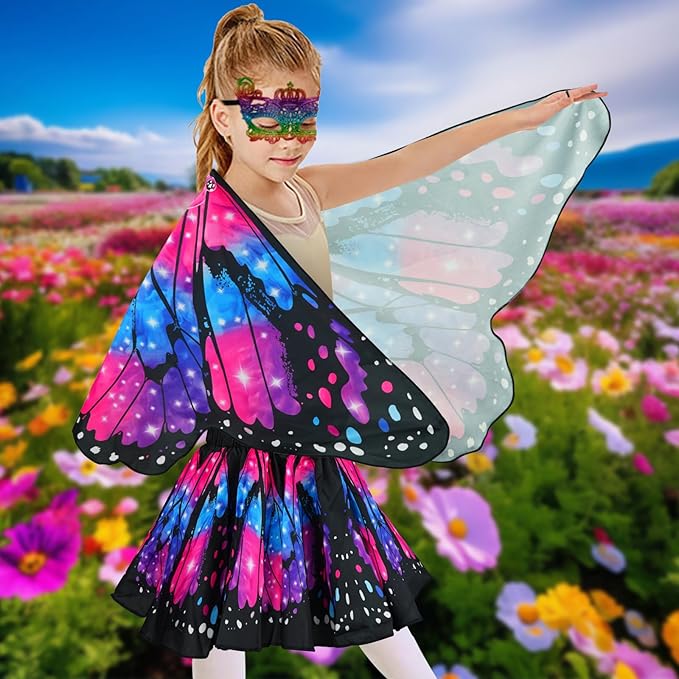 Butterfly Costume for Girls Fairy Wings Kids 4 Pcs(Cape,Skirts,Masks,Hair Clips) Butterfly Wings for Halloween Gifts