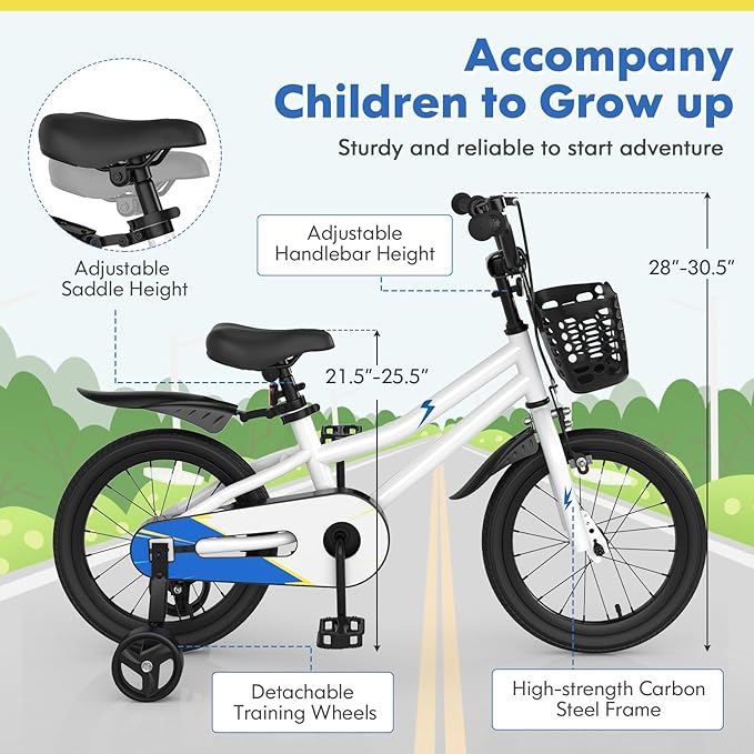 COSTWAY Kids Bike, 12 14 16 18 Inch Toddler Bike for Boys & Girls Aged 3-8 Years Old, Kids Bicycle w/Removable Training Wheels, Handbrake & Coaster Brake, Basket, Bell