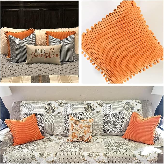 Fancy Homi Pack of 2 Corduroy Fall Decorative Throw Pillow Covers with Pom-poms, Solid Square Cushion Case Pillow Cases Set for Couch Sofa Bedroom Car Living Room (20x20 Inch/50x50 cm, Orange)