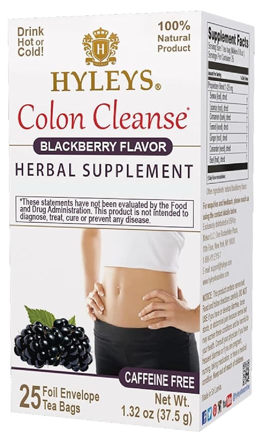 HYLEYS Colon Cleanse Tea, Blackberry Flavor - 150 Individually Wrapped Herbal Tea Bags (6 Pack of 25) - Caffeine Free, Gluten Free