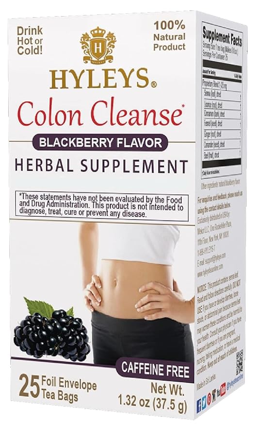 HYLEYS Colon Cleanse Tea, BlackBerry Flavor - 25 Individually Wrapped Herbal Tea Bags - Caffeine Free, Vegan