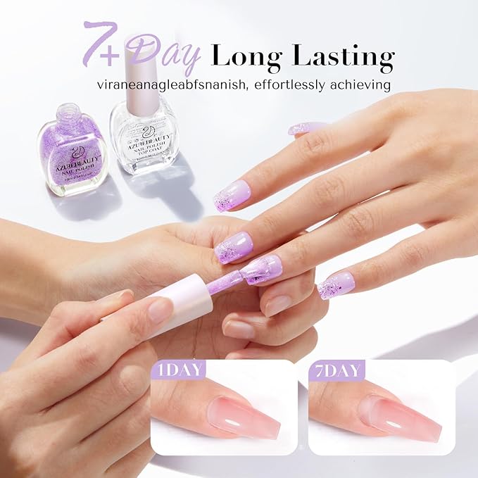 AZUREBEAUTY Nail Polish Set Fast Drying Glitter Pink Purple Spring Summer 4 Colors Lilac Nail Polish Natural Nail Lacquer Fingernail Kit with Top Coat DIY Salon Home