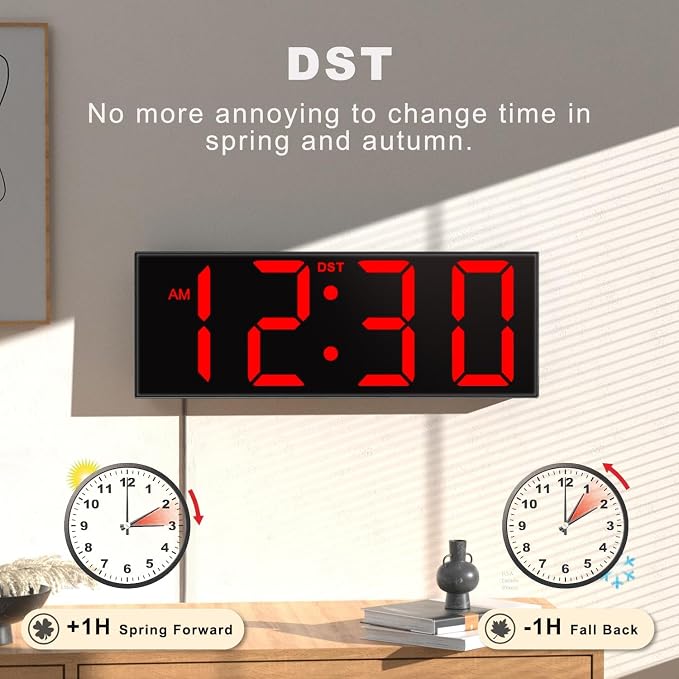JALL Digital Wall Clock Large Display with Big LED Numbers, Remote Control, 8 RGB Colors, Auto DST, Night Light for Classroom Living Room Bedroom Birthday Gift for Senior, Men Women, Red