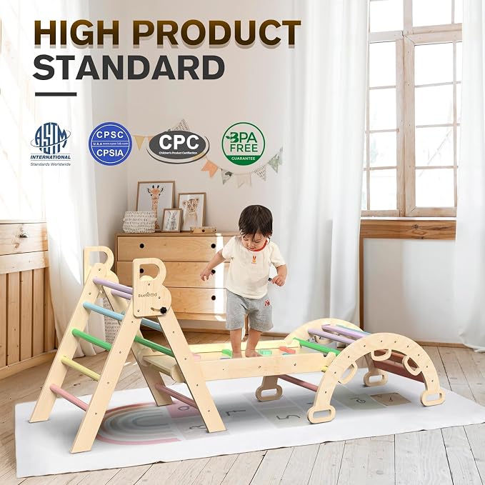 BlueWood Pikler Triangle Set with Safe Handle, Foldable 7-in-1 Montessori Toddler Climbing Toys Indoor, Wooden Pickler Climbing Set, Baby Jungle Gym & Playground, Climbing Toys for 1-3 Year, Rainbow