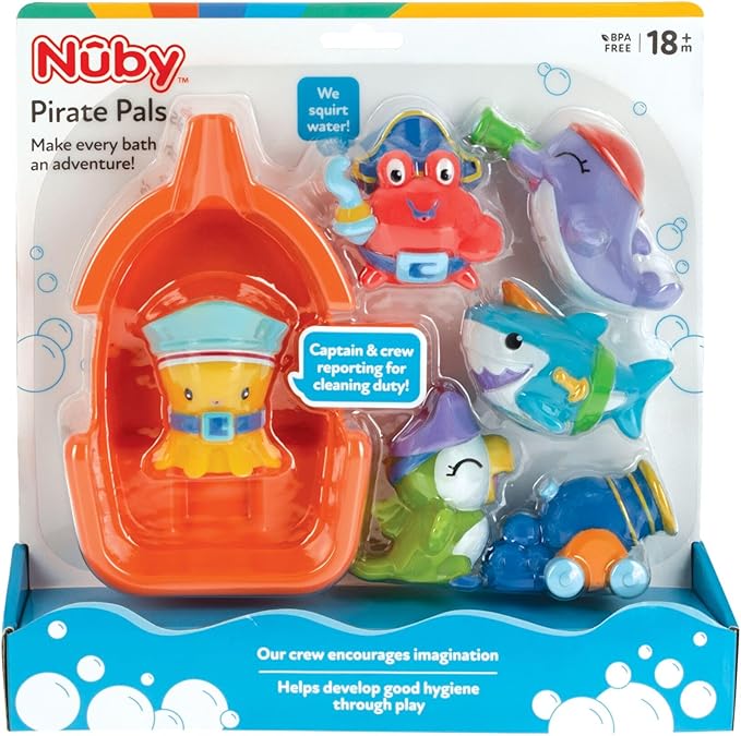 Nuby Pirate Pals Bath Toy Set - Interactive Bath Time Toys - 18+ Months