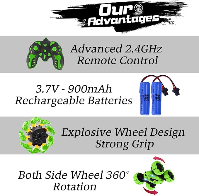 Remote Control Car, New Upgraded Double-Sided 360° Rotating RC Toy Cars with LED Headlights, 2.4GHz Rechargeable Electric Race Stunt Car with 4WD, Best Gift for 6-12 Year Old Boys and Girls (Green)