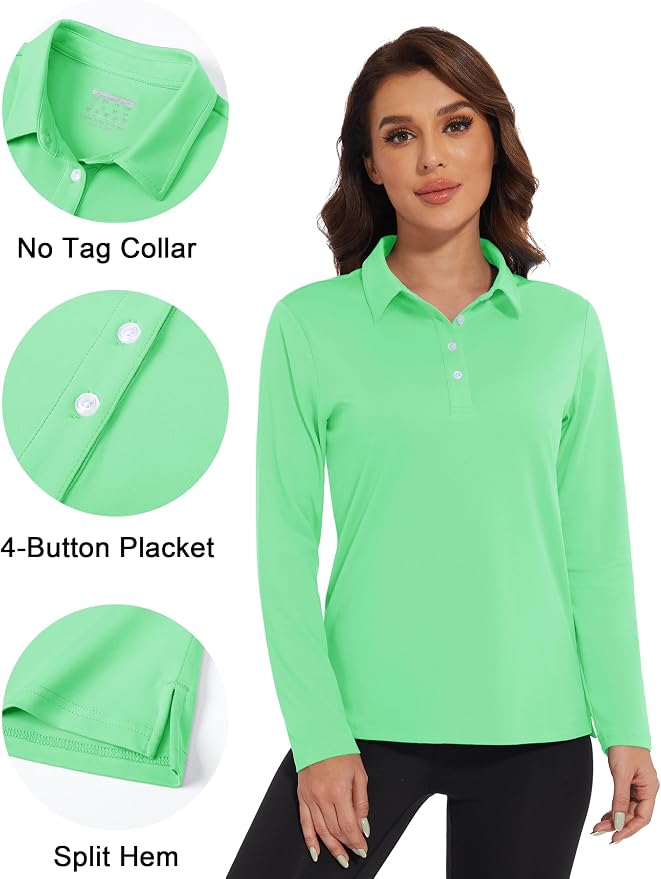 MAGCOMSEN Long Sleeve Polo Shirts for Women Golf Tops with Collar Work | UPF 50+ Sun Protection, 4 Buttons, Moisture Wicking, Breathable, 4-Way Stretch, Collared, Quick Dry, Active, Casual, Tennis