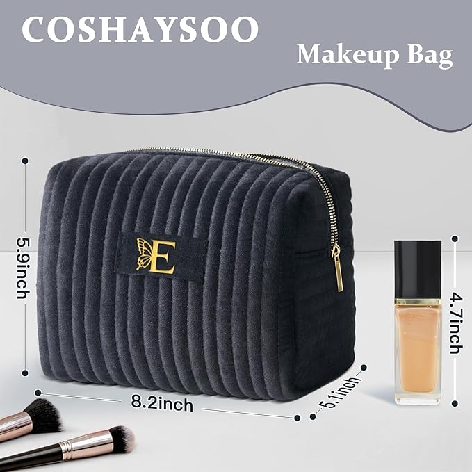 COSHAYSOO Bridesmaid Proposal Engagement Gifts Bridal Shower Bachelorette Party Favors Makeup Bag Quilted Make Up Cosmetic Pouch for Bride to Be Maid of Honor Godmother Black Velvet Initial Letter E