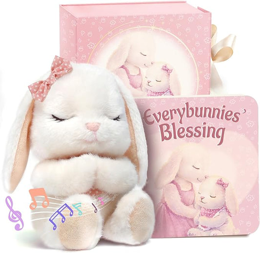 Baptism Gifts for Girl, Catholic Christening, Baby Dedication & Baptismal Gift Set for Baby Girls & Kids, with 9" Musical Praying Bunny Plush Toy & Everybunnies' Blessing Book in Keepsake Box
