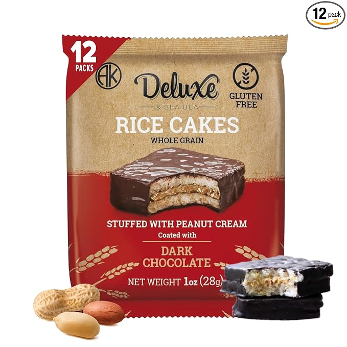 Deluxe & Bla Bla Stuffed Rice Cakes - Whole Grain Chocolate Rice Cake,Gluten Free,Low Calorie,(Alfajor) Kosher Certified - Peanut Filled Rice Cakes coated with Dark Chocolate, 28g Each (12 Pack)