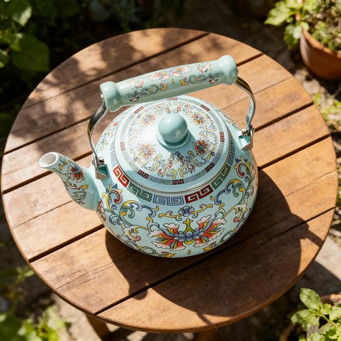 Pumtus 2.6 Quart Floral Enamel Tea Kettle, Vintage Enameled Teapot Stovetop, Enamel on Steel Water Coffee Tea Pot with Ceramic Handle, Colorful Hot Water Kettle for Home Kitchen Decor, No Whistling