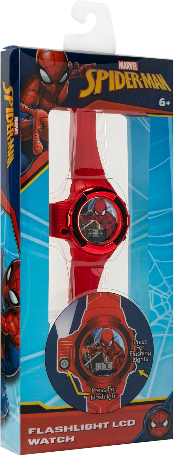 Marvel Spider-Man Flashlight Watch for Kids – Light-Up Fun with LCD Display, LED Flashlight, and Durable Silicone Band