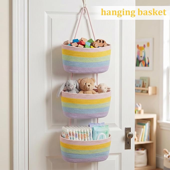 TeoKJ Over the Door Hanging Basket, 3-Tier Woven Cotton Wall-Mounted Storage Organizer Bag Decorative Hanging Nursery Baskets, Rainbow