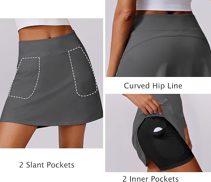PINSPARK 17" Golf Skorts for Woman High Waisted Tennis Skirt with 4 Pockets | Lightweight, Quick Dry, 4-Way Strecth, Breathable, Tummy Control, UPF 50+ Athletic Skort for Workout, Pickleball, Gym, Casual