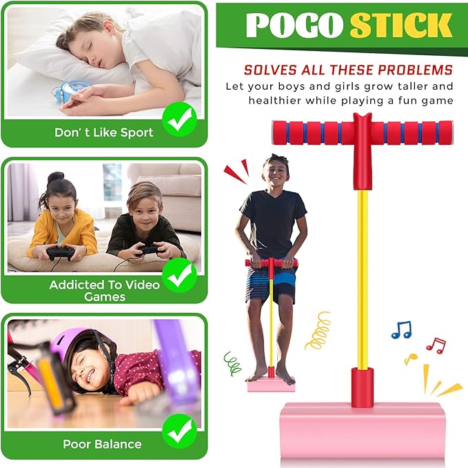 Wettarn 8 Pcs Foam Pogo Jumper Promote Grow Tall Pogo Stick Foam Jumper Safe and Fun Jumping Stick for Teens Boys Girls Outdoor Indoor Halloween Christmas Stuffer Gift Squeaks with Each Hop, 4 Colors
