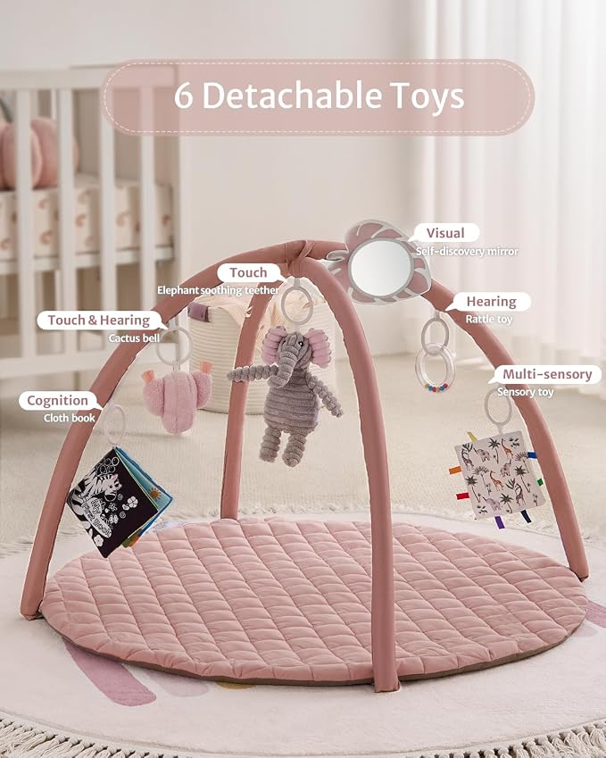 Blissful Diary Baby Play Gym Mat, Tummy Time Activity Mat with 6 Detachable Toys for Skill Development, Baby Essentials Gift, Soft Pink