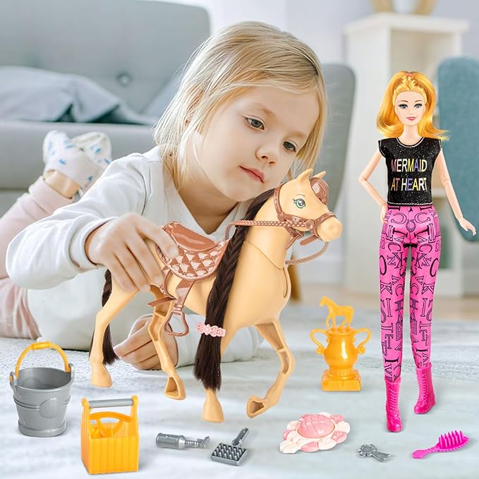 60 PCS Doll Horse Set Toy, Fashion Blonde Doll(11.5 Inch) in Riding Helemt Doll Accessories & Light Brown Horse with Moveable Head, Saddle, Bridle and Reins, for Ages 3 Years Old & Up