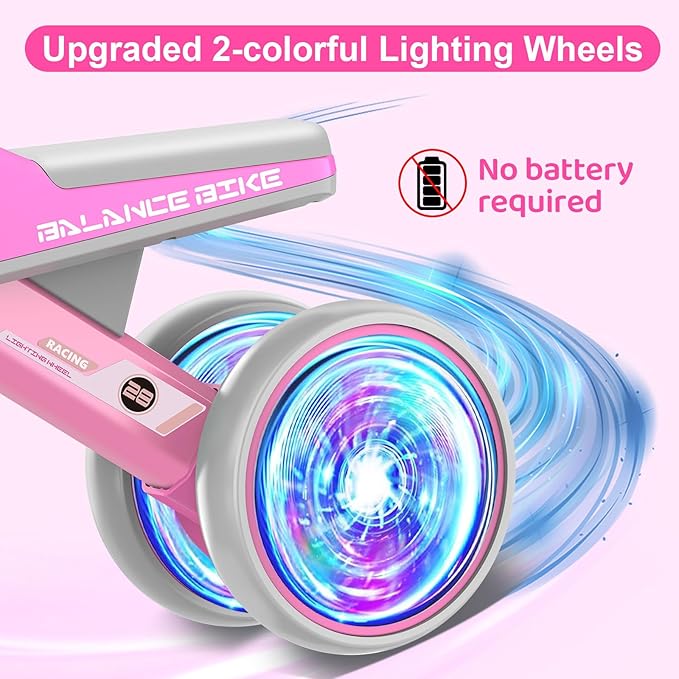 Colorful Lighting Baby Balance Bike Toys for 1 Year Old Girls Gifts, Toddler First Bike 12-24 Months with Adjustable Soft Seat, 4 Silent Wheels Ride on Toy, Perfect First Birthday Gift