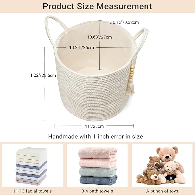 Mkono Woven Storage Basket for Blanket, Toys Plant Organizer, 11"W x 11"L | White, Cotton, Decorative Basket with Handle, Wood Beads Tassel, Shoes Towel Clothes Storage Bin, Living Room Bedroom Nursery