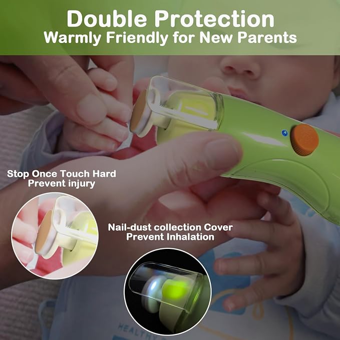 Fansidi Rechargeable Baby Nail Trimmer Electric, Easy & Safe Nail File for Newborn to Toddler, USB Charging, 8100 RPM Stepless Speed, LED Light, Whisper-Quiet for Sleeping Baby,Green, Bonus Adult Head