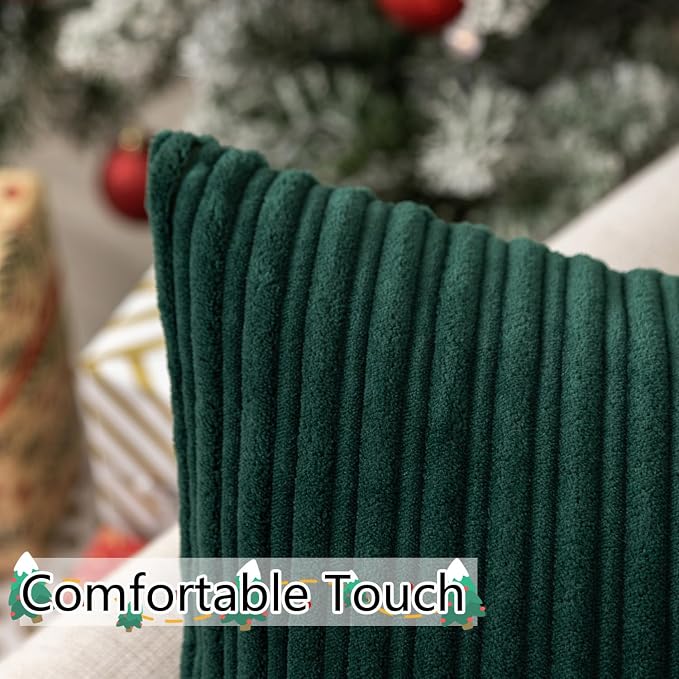 UGASA Christmas Velvet 12x20 Inch Lumbar Soft Throw Pillow Covers Decorative Striped Corduroy Both Sides Rectangular Cushion Cases Boho Farmhouse for Couch Bedroom Sofa Home, Pack of 2, Dark Green