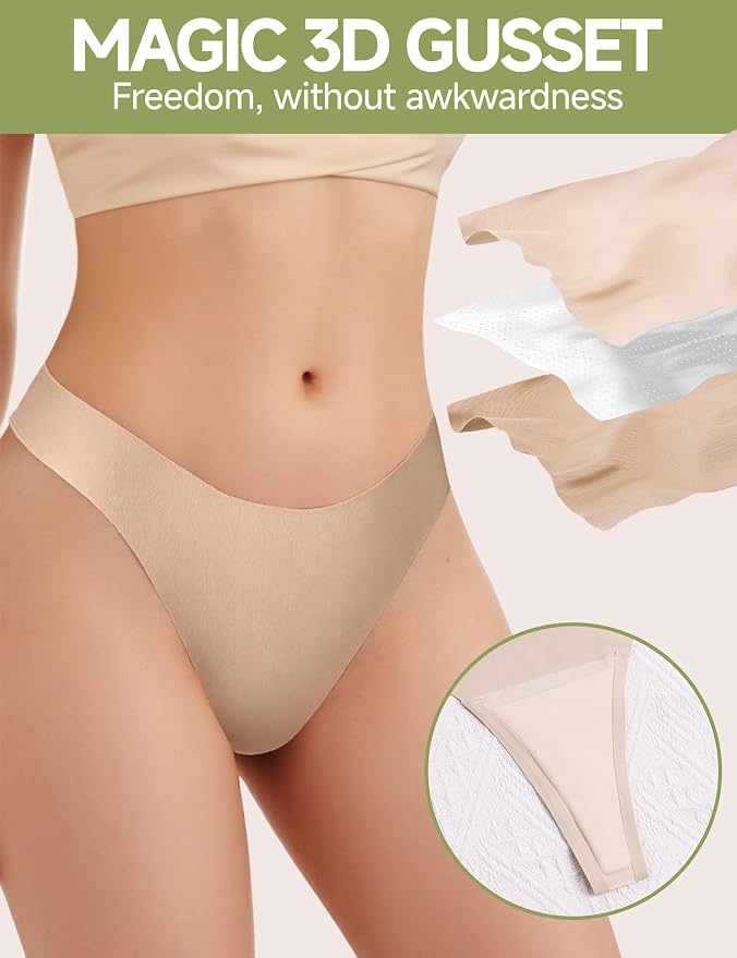 Seamless Thongs for Women No Show G-String Thong Breathable Cotton Panty Liners Underwear for Yoga Workout Gym