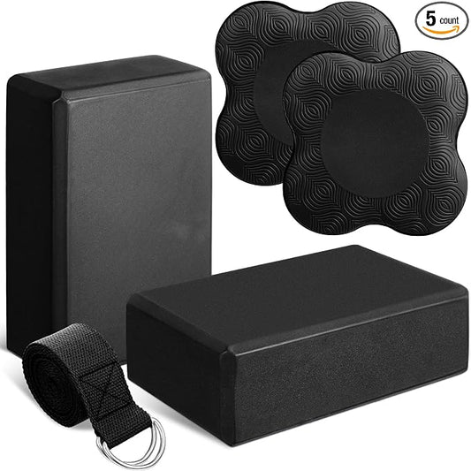 RoundFunny 5 Pcs Yoga Blocks Knee Pads Yoga Strap Set Soft Premium Foam Blocks Accessories for Pilates Meditation General Fitness Stability, Kneeling, Balance, Deepen Stretches and Toning