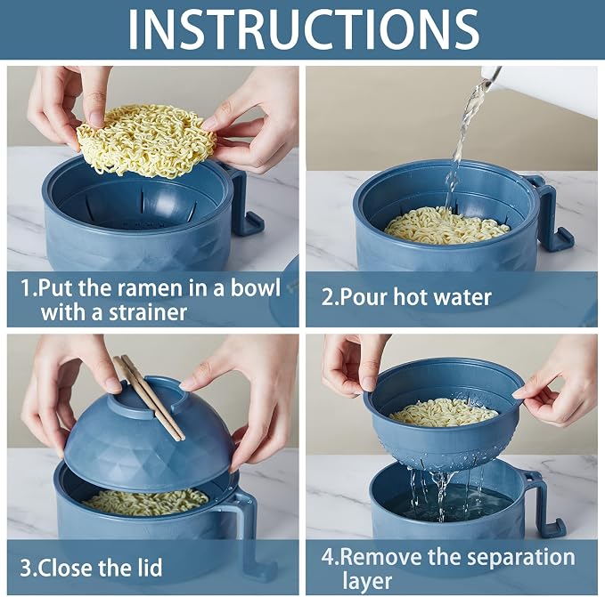 1 Set Microwave Ramen Cooker 40oz Wheat Straw Microwave Noodle Bowl Set with Chopsticks, Spoon, Fork, College Dorm Office Apartment Essentials (Dark Blue)