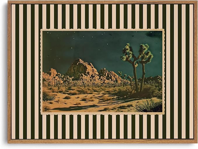 ZZLWBKGL Desert Canvas Art Boho Framed Wall Art for Living Room 12x16in | Vintage Western Artwork Southwestern Cactus Picture Mid Century Striped Paintings for Bedroom Study