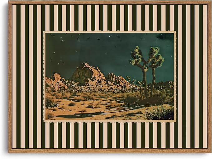 ZZLWBKGL Desert Canvas Art Boho Framed Wall Art for Living Room 8x10in | Vintage Western Artwork Southwestern Cactus Picture Mid Century Striped Paintings for Bedroom Study