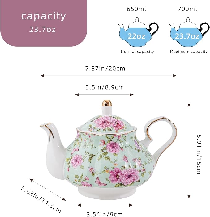 Agyiuns Flower Ceramic Teapot,22oz Porcelain Tea pot for Tea Coffee Milk for Office Home Men Women as Gift (Green)