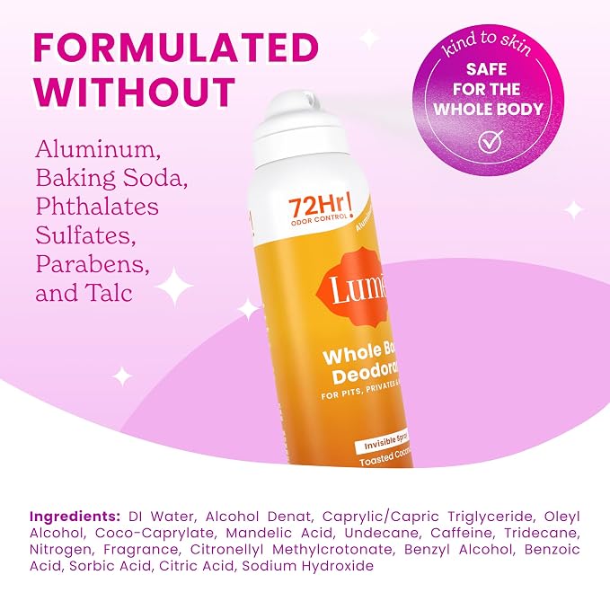Lume Invisible Spray Deodorant For Women - Whole Body Deodorant Spray - 72 Hr Odor Control - Ozone Friendly, Natural Propellant - Baking Soda & Aluminum Free - Skin Loving, Full Body - Toasted Coconut