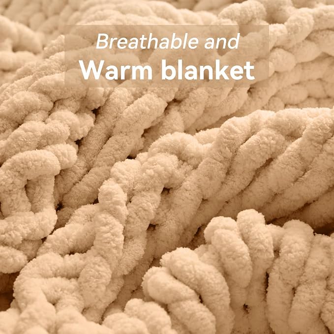 Negwoo Chunky Knit Throw Blanket, Knitted Throw Chenille Yarn, 30"*40" | Soft Thick Cable Knitted Blankets, Handmade Big Thick Blanket, Machine Washable Cute Comfy Blanket for Home Decor, Beige