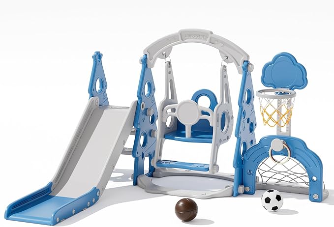 KORIMEFA 6-in-1 Kids Slide and Swing Set, Toddler Slide with Basketball Hoop, Swing, Outdoor Indoor Playground for Toddlers 1-3 Pine Shape Design(6 in1-Blue)