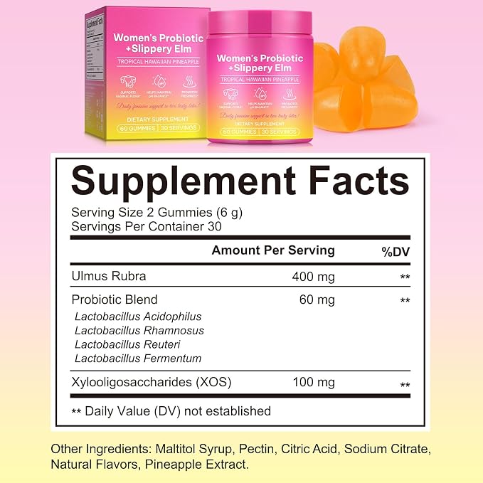 Feminine Probiotics Gummies,With Slippery Elm & Prebiotic Fiber,Probiotic Health Support,PH Balance Gummies for Women,Promotion of Womens Health,Natural Pineapple Flavor,Vegan,Gluten-Free,60 Count