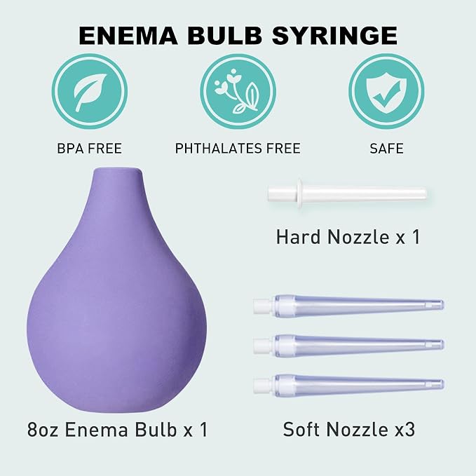 TopQuaFocus 8oz Enema Bulb Kit Anal and Vaginal Douche Bulb for Men Flushing System Enemas Silicone Bulb 4 Replaceable Tips (Purple, 224ml)