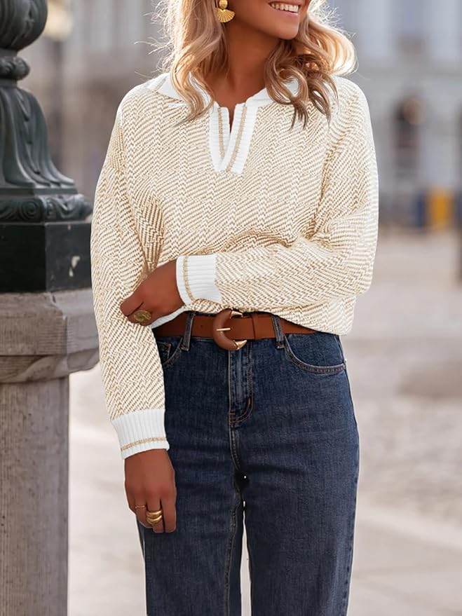 Saodimallsu Womens Fall Sweaters Tops Lapel V Neck Knit Color Block Shirt | Winter,Long Sleeve,Casual,Soft,Pullover,Cozy,Ribbed,Ladies,Chunky,Warm Sweaters,Checkered,Tunic,Work