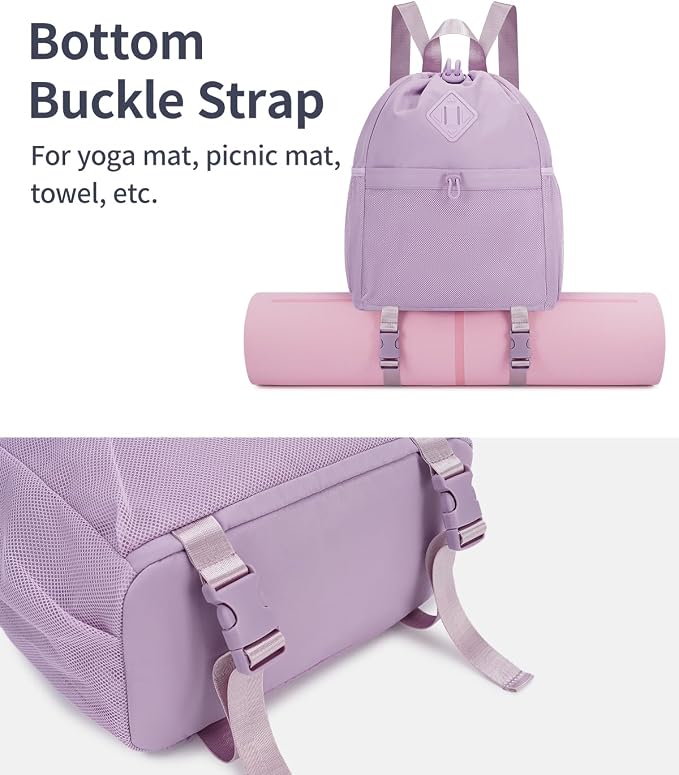 WANDF Drawstring Backpack for Women, Lightweight Gym Bag with Yoga Mat Strap, Water-Resistant String Backpack with Mesh Pocket (Purple, Patent Pending)