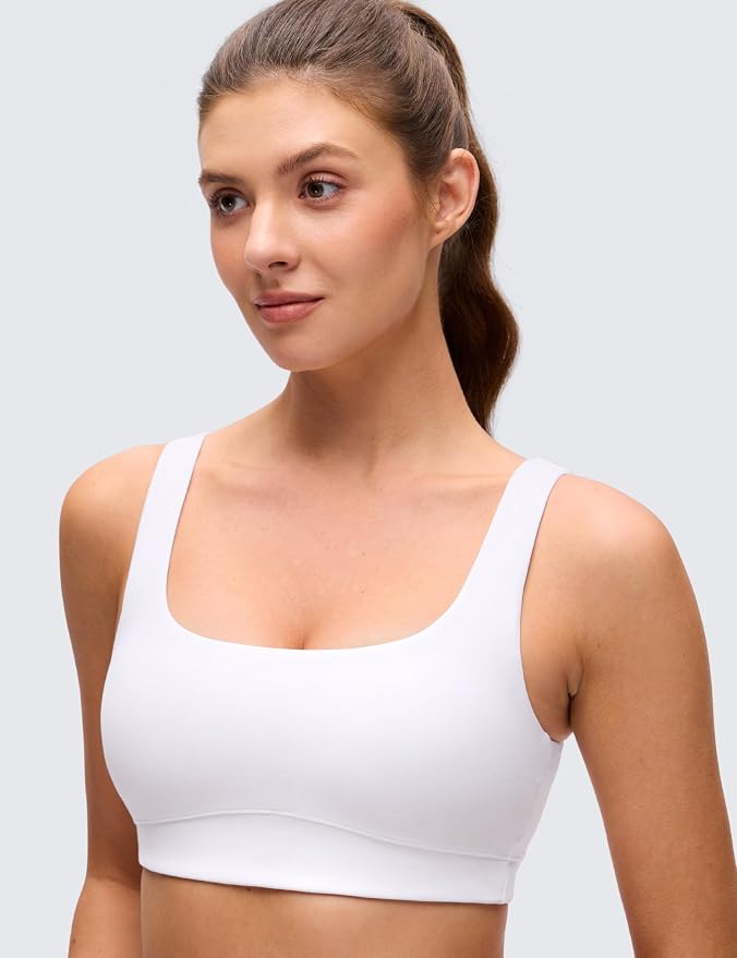 CRZ YOGA Butterluxe Scoop Neck Sports Bras for Women - U Back Padded Wide Strap Wireless Yoga Top