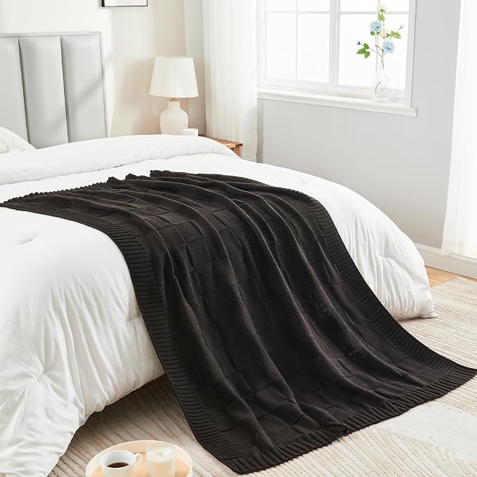 CozeCube Jet Black Knitted Checkered Throw Blanket 60"X80" | Check Knit Throw for Couch, Decorative Christmas Soft Cozy Warm Blanket for Bed Sofa Living Room