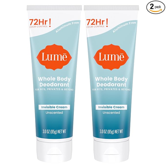 Lume Whole Body Deodorant - Invisible Cream Tube - 72 Hour Odor Control - Aluminum Free, Baking Soda Free, Skin Safe - 3.0 ounce (Pack of 2) (Unscented)