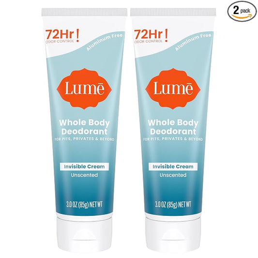 Lume Whole Body Deodorant - Invisible Cream Tube - 72 Hour Odor Control - Aluminum Free, Baking Soda Free, Skin Safe - 3.0 ounce (Pack of 2) (Unscented)