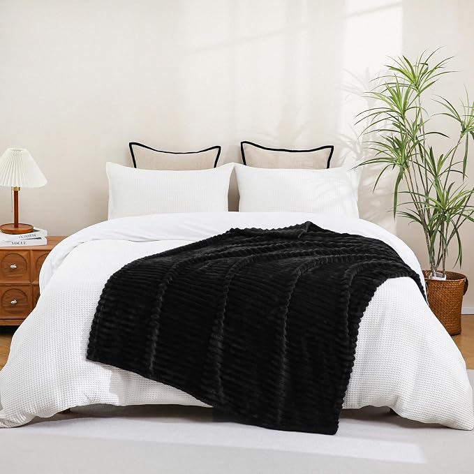 Black Fleece Throw Blanket 50”×60” for Couch Sofa Livingroom | Super Soft Cozy Plush Microfiber Flannel Bed Blanket Striped Design Lightweight Home Decor Gifts for Adults Mom Women