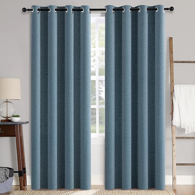 MIULEE Linen Texture Curtains for Bedroom Solid 100% Blackout Thermal Insulated Dusty Blue Curtains Grommet Room Darkening Drapes Luxury Decor for Living Room 52x72 Inch (2 Panels)
