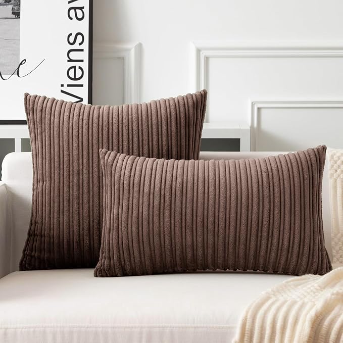 UGASA Fall Velvet 12x20 Inch Lumbar Soft Throw Pillow Covers Decorative Corduroy Striped Both Sides Solid Rectangular Cushion Cases Boho Farmhouse for Couch Bedroom Sofa Home, Pack of 2, Dark Brown