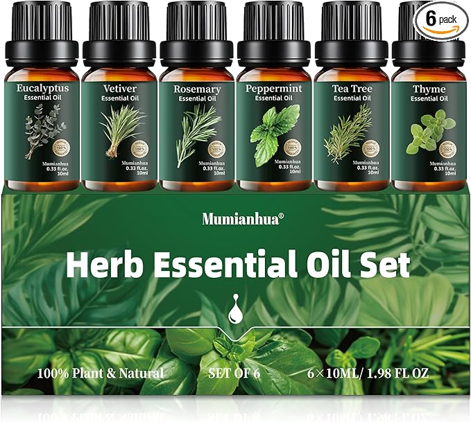 Essential Oils Set 6x10ml, Pure Eucalyptus Peppermint Tea Tree Rosemary Thyme Vetiver – Aromatherapy for Diffuser, Skin, Hair, Candle & Soap Making, Natural Air Purifier & Outdoor Protective Barrier